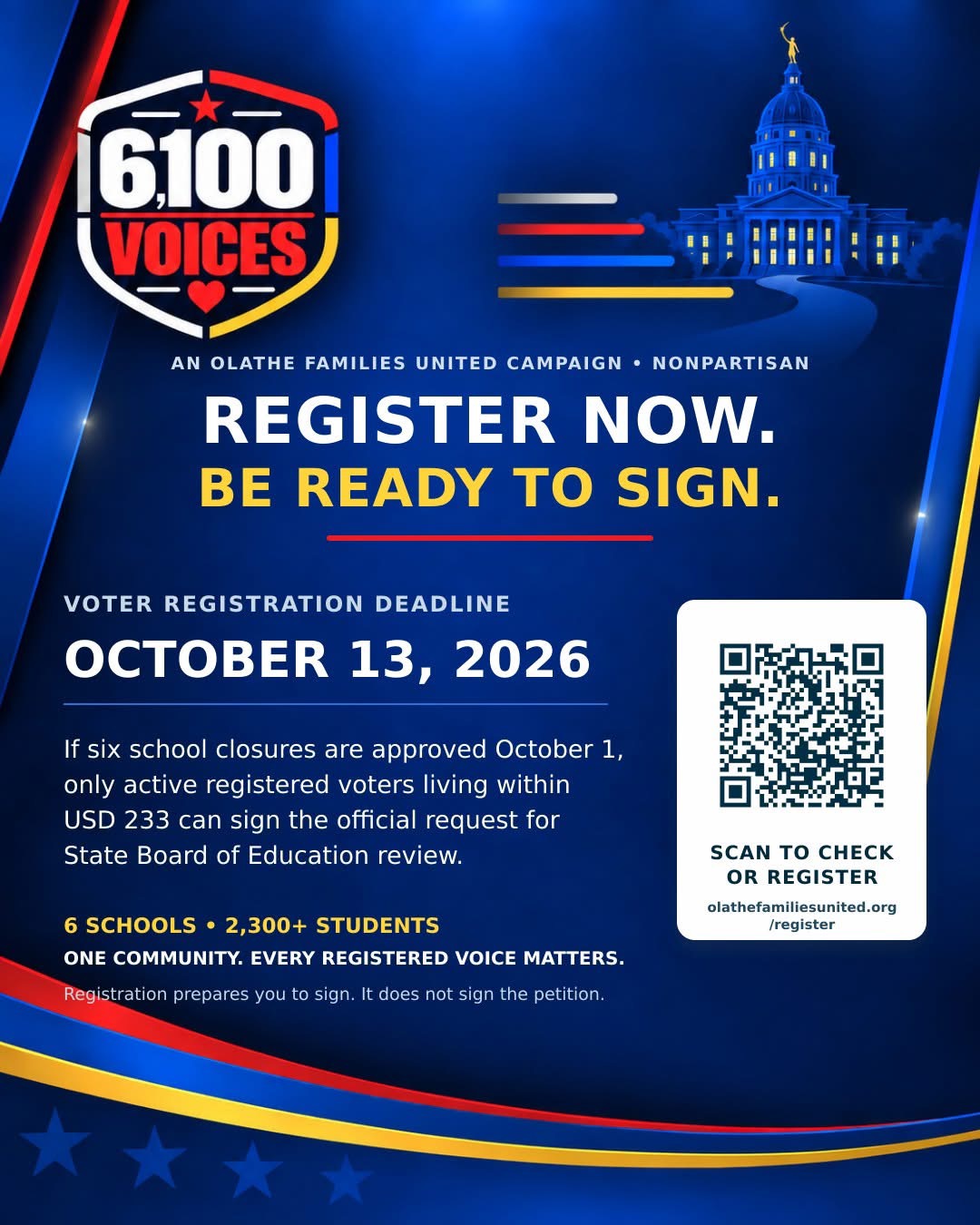 6,100 Voices campaign flyer: register now, be ready to sign — voter registration deadline October 13, 2026